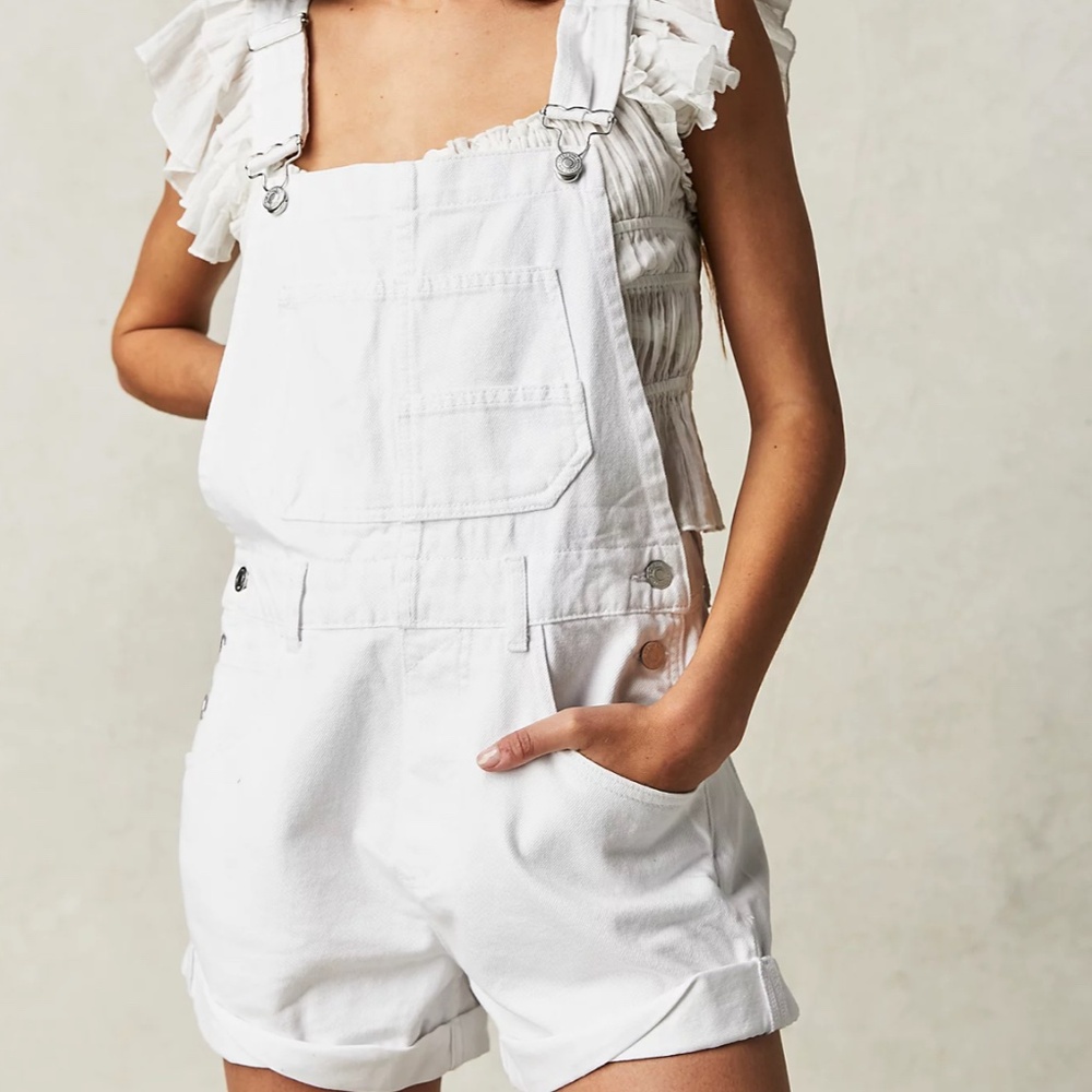 Free People White Denim Short Overalls